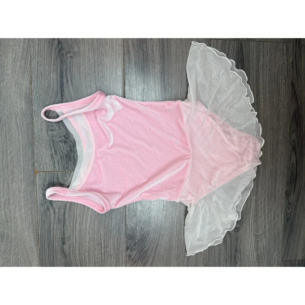 Vintage Pink Velvet Ballet Leotard Floral Embroidery Glitter Skirt Kids Medium